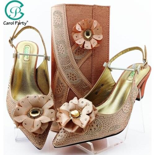 Peach Color Latest Shoes and Bags Set Italian design Sets 2020 Nigerian Shoes and Matching Bags Women Rhinestone Wedding Shoe