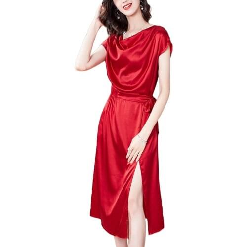 Red Silk Satin Dresses Women Fashion 2021 Summer Long Casual Sexy Office Work Daily Party Dress Plus Size Slim Fit A Line Belt