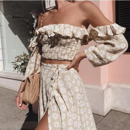 Off Shoulder Casual Women Summer Dress Ruffle Beach Summer Dresses Female Floral Print Dress Suit Vestidos 2 piece