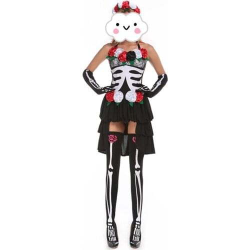 Hot Adult Skeleton Day of The Dead Costume Womens Sexy Sugar Skull Dia Flower Fairy Halloween ghost vampire bride Fancy Dress