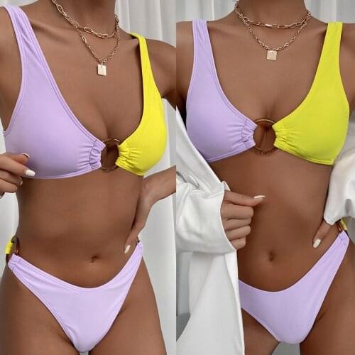 Purple And Yellow Simple Stitching Sexy Bikini Suit Women Low-Cut Vest Lace-Up Panties Low-Rise Swimwear Push-Up Beach Swimsuit