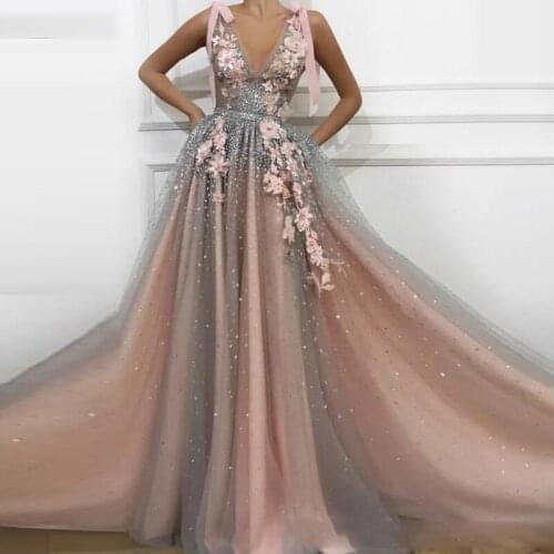 Dusty Pink Evening Dress Tulle Long Prom Dresses Robe de soiree Floral Prom Party Gowns A line Elegant vestido de festa 2021