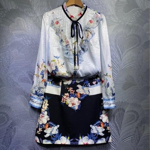 Seifrmann Women Summer Fashion Runway Skirts Set Long Sleeve Loose Blouses + High Waist Printed A-Line Skirts 2 Two Pieces Suits