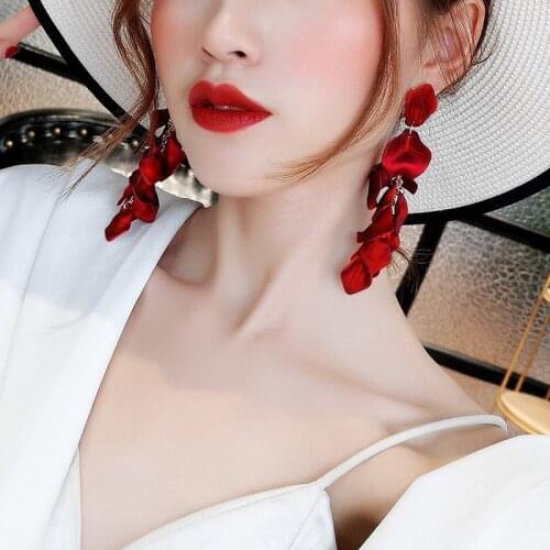 Sexy frosted red rose petal long earrings rings accessories mesh red temperament 2019 new style trendy earing dangler