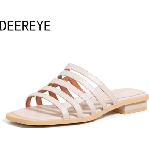 Fashion Black Strips Genuine Leather Flat Mules Casual Open Toe Slides Sandals Side Hollow Slipper Shoes Summer For Outdoor