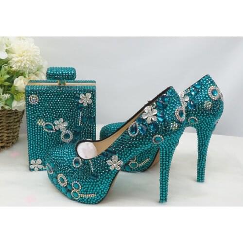 Teal Blue crystal Wedding shoes with matching bags Bride Ladies high platform shoes and bags woman Fashion Party shoes Round Toe