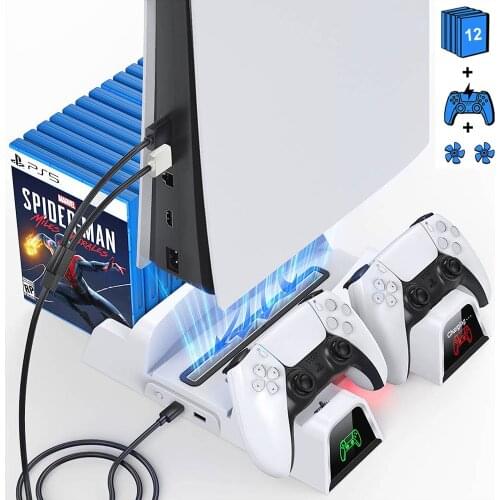 PS5 Vertical Cooling Fan Stand Fast Dual Controller Charger Station With 12 Games Storage Slots for Playstation 5 Game Console