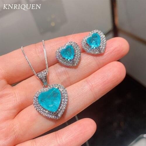 Silver 925 Gemstone Jewelry Sets Heart-Shaped Blue Paraiba Tourmaline Aquamarine Stone Pendant Necklace Earrings Gifts for Women