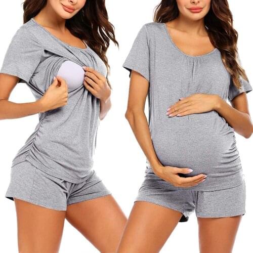 Nursing Pajama Women Short Sleeve Nursing Baby Shirt Shorts Solid Pajamas Set Breastfeeding Clothes Chemise De Nuit Allaitement