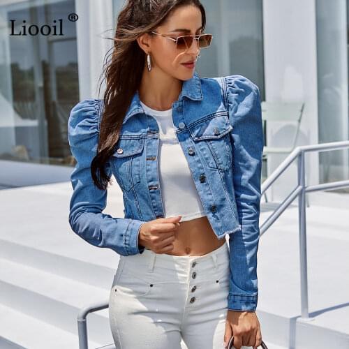 Blue Cropped Denim Jackets Women 2021 Puff Sleeve With Button Pockets Vintage Coat Autumn Winter Streetwear Ripped Jean Outwear