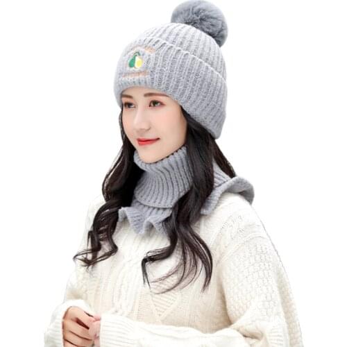 Women Winter Knit 2Pcs Beanie Hat Ruffled Turtleneck Collar Scarf Set Cute Avocado Embroidery Pompom Warm Skullies Cap