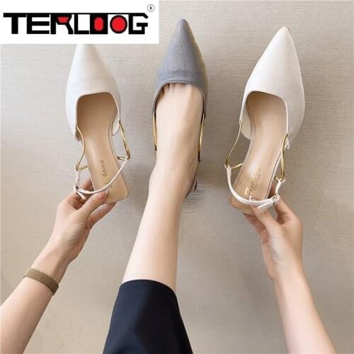 Women Sexy Pointed Toe Med Chunky Heels Slingback Sandals Slippers Woman 2021 New Summer Dress Shoes Zapatos Mujer Sandals Shoes