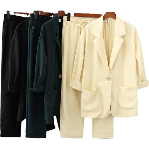 3XL-5XL Womens Spring Autumn Officewear Suits 3/4 Sleeve V-neck Jackets + Elastic Waist Straight Pants Oversized 2pcs OL Sets
