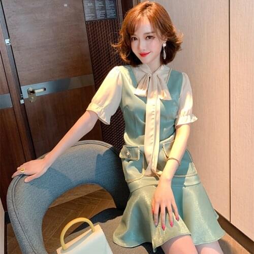 Awarose Fashion Office Silky Fake Two-Piece Dresses Lace-up Collar Pocket Women Summer Short Sleeve Patchwork Mini Dress Clothes