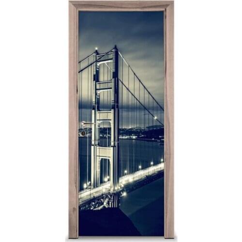 3D Door Sticker Night Bridge Mural Wall Sticker DIY Door Cover Kitchen Home Decoration Accessories Modern 3d Wall Stickers
