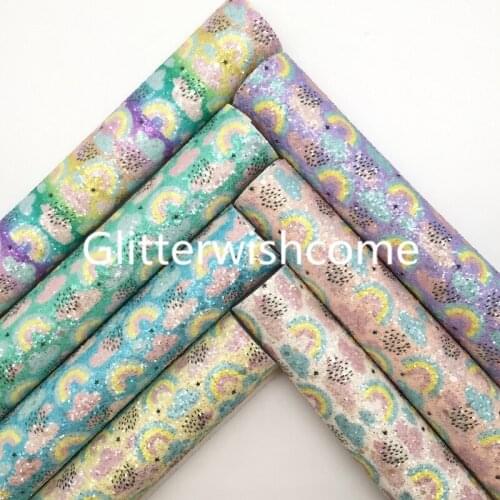 Glitterwishcome 21X29CM A4 Size Rainbow Glitter Leather, Rainy Rainbow Printed Glitter Leather fabric Vinyl for Bows, GM902A