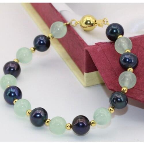 Bohemia style classical natural black pearl 8-9mm light green chalcedony 8mm round beads clasp bracelets jewelry 7.5inch B2751