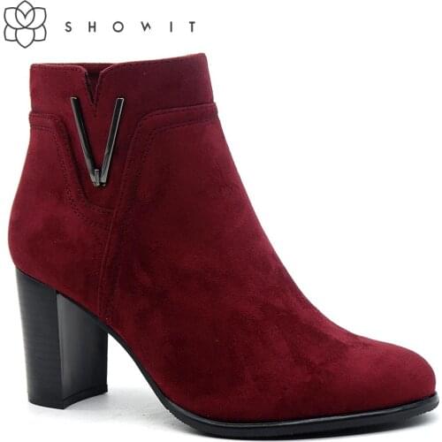 Winter female corporate shoes with side metal decoration Round Toe Fall shoes Females boots Square and High Heel Ankle Classic