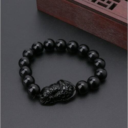 Feng Shui Pi Xiu Obsidian Black Stone Beads Bracelet Men Women Wristband Gold Wealth and Good Lucky Bracelets Jewelry
