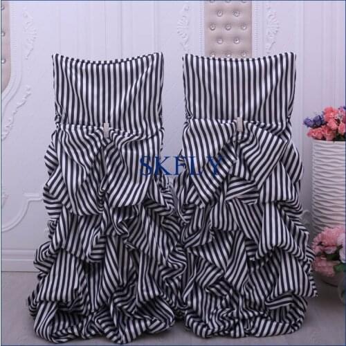 CH003H fancy wedding black and white stripe ruffled satin chair cover with buckle