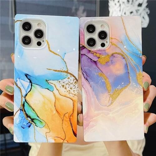 Square Glossy Marble Phone Case For iPhone 12 11 Pro Max XR XS Max X XS 7 8 Plus 12 Pro 11 Shockproof Bumper Hard IMD Back Cover