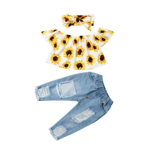 Boutique Girl Clothes Summer Toddler Kid Baby Girl Clothes Sunflower Vest Tops+Jeans Pants 3PCS Outfit Summer