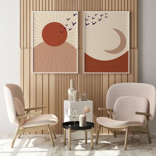 Sun and Moon Art Print Posters Abstract Landscape Terracotta Mid Century Minimal Mountain Canvas Pictures Wall Painting Decor