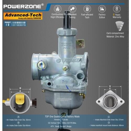 Powerzone Carburetor PZ27 27mm CVK Accelerator Pump Carb For CG Vertical 150cc-200cc Dirt Pit Bike,ATV , Quad ,Go-kart ,Buggy