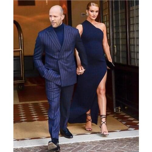 Costume Homme Mens Design Blue Pin Stripe Mens Blazer Slim Fit Wedding Male Groom Tuxedos Suit Prom 2 Pcs(Jacket+Pants)