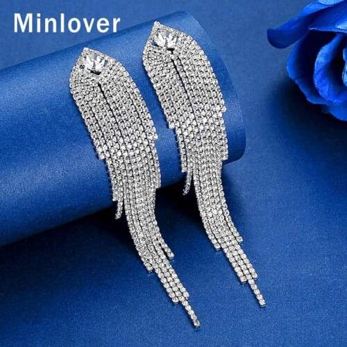 Minlover Silver Color Metal Long Tassel Drop Earrings for Women Korean Rhinestone Wedding Bride Fringe Earrings Jewelry MEH1647