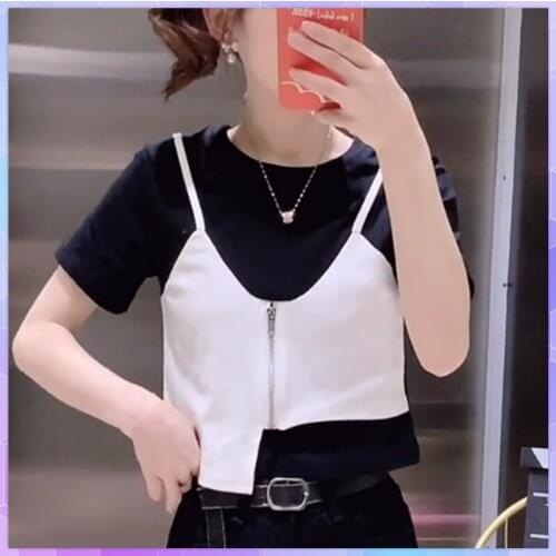 Fake Two-Piece Irregular T-shirts Solid Womens Tee Shirt Casual Short-Sleeved Basic T-Shirt Zipper Crop Top Summer Tee Shirt