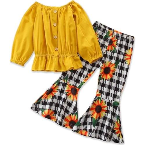1-6 Year Kids Girls Set Solid Color Yellow Off Shoulder Top+ Sunflower Print Trousers Children Girls Spring Autumn Outfits