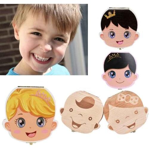 English Dutch Spanish Portugal French Russia Baby Wood Tooth Box Organizer Milk Teeth Storage Collect Teeth Umbilica Save Gifts