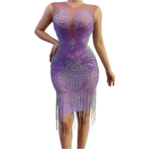 New Sexy Sleeveless Crystals Transparent Fringes Dress Purple Women Birthday Celebrate Party Dress Bodycon Wedding Prom Outfit