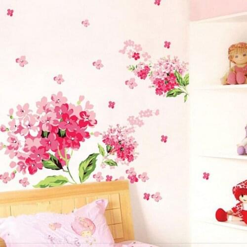 Romantic Cherry blossoms Flowers Wall Stickers for Wedding Room Home Decoration Living Room Bedroom Hydrangea Pink Flower Murals