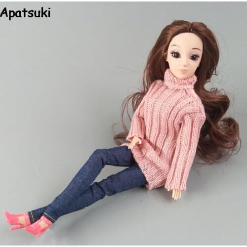 Pink Knitted Woven Handmade Tops Clothes Sweater For Barbie Doll Outfits Jeans Pants For 1:6 Doll Kids Toy 1/6 Dolls Accessories