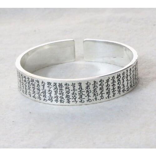 Handmade Silver S990 Sterling Silver Retro Thai Silver Heart Buddha Blessing Vintage Style Male And Female Open Ended Bangle