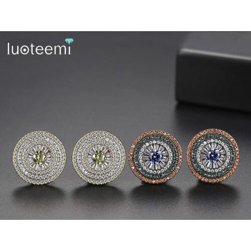 LUOTEEMI Charmful Design Colorful Round Stud Earrings for Women Wedding Party Multicolor Cubic Zircon Paved Fashion Oorbellen