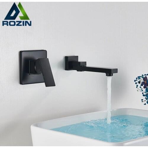 Rozin Two Hole Wall Mount Basin Faucet Matte Black Swivel Spout Bathroom Faucet Solid Brass Bathroom Sink Hot Cold Mixer Taps