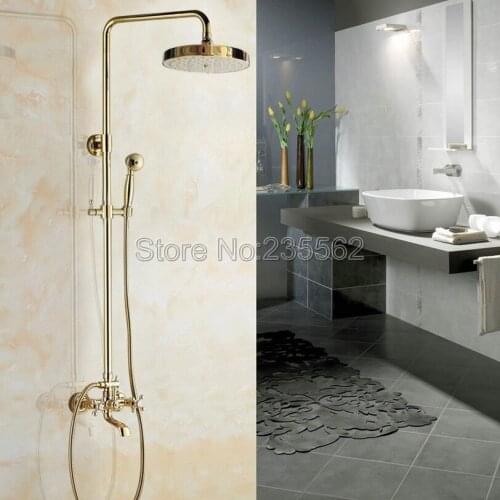 Bathroom Rain Shower Faucet Set Gold Color Brass Finish with Wall Mounted Tub Mixer Tap lgf345