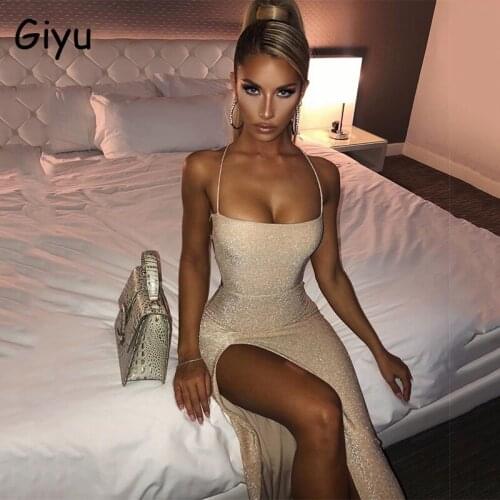 Giyu Night Club Party Dress 2020 Autumn Sexy Bodycon Glitter Sparkle Women Dresses Backless Bandage Lace Up Split Long Vestidos
