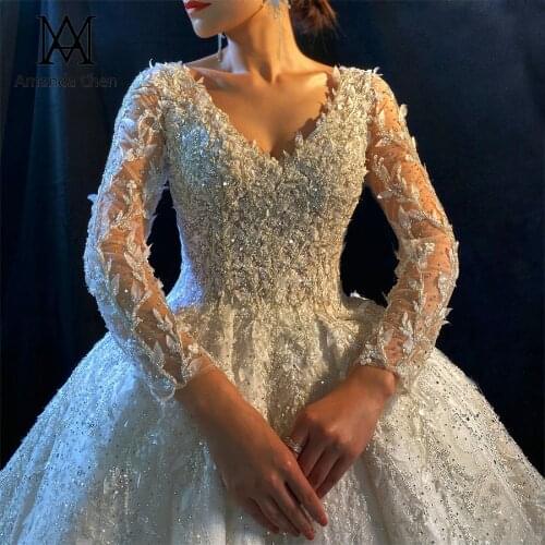 Vestidos elegantes Full Sleeves Lace Appliqued Leaf Rhinestone Wedding Dress