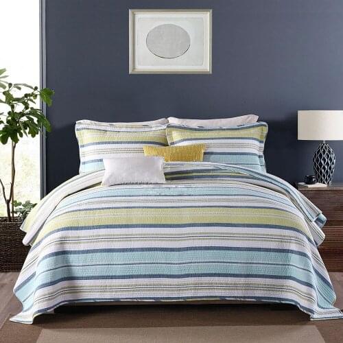 Quality Cotton Bedspread Quilt Set 3pcs Coverlet Quilted bedding Stripe Quilts Bed Covers Pillowcase King Queen Size Blanket