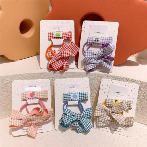 3 Pcs New Sweet Princess Girl Simple Plaid Fabric Bow Rubber Band Hair Rope Fashion Korean Childrens Fruit Hairpins Headdress