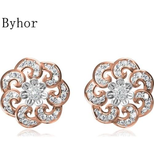 Byhor Solid 14K White/Yellow+White/Rose+White Gold 0.877ct H/SI Natural Diamond Fine Jewelry Wedding Flower Stud Earrings Cерьги