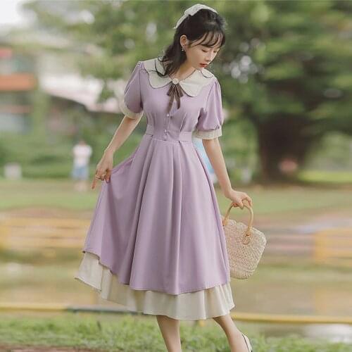 Women Purple Gentle and Sweet Kawaii Dress 2021 Summer Dress Single-breasted Bowknot Cute Doll Collar Vestidos