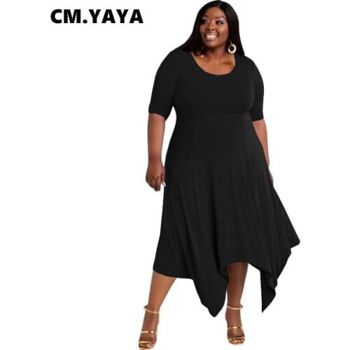 CM.YAYA Women Plus Size Dress Solid Short Sleeve O-neck Loose Asymmetrical Maxi Long Dresses Casual Fashion Streetwear Summer