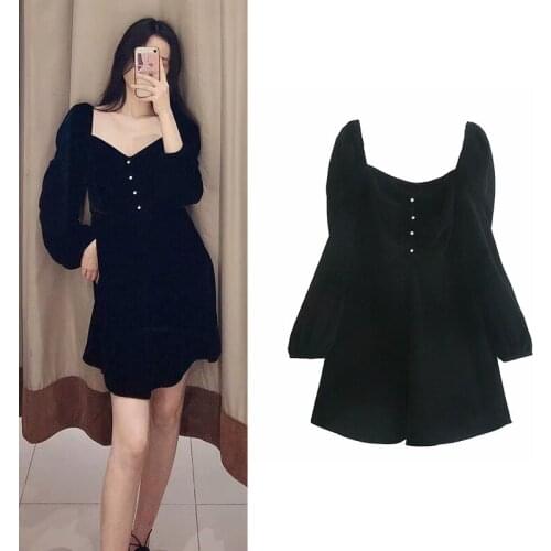 KONDALA 2020 england vintage velvet Jewelry buttons square collar mini spring dress women vestidos de fiesta de noche vestidos