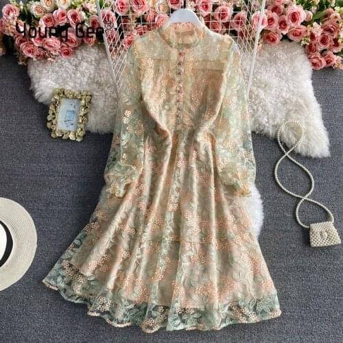 Young Gee French Vintage High Waist Vestidos Long Sleeve Elegant Lace Embroidery Floral Fashion Women Office Ladies Dresses