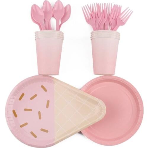 40Pcs Pink Ice Cream Party Decoration Tableware Decoracion Niño Plate Cup Paper Towel Straw Tablecloth Party Birthday Discount